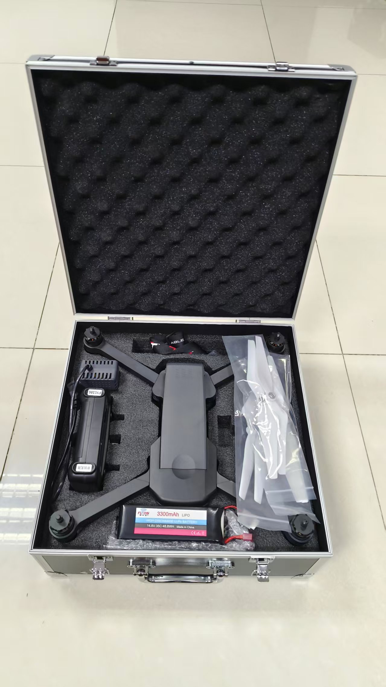 Aluminum carrying case with drone and accessories